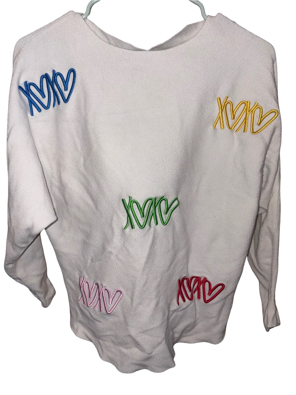 White Long-Sleeve Sweater with Multicolor Heart Embroidery